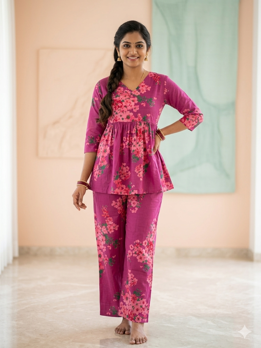 Pink Blossom Peplum Top with Palazzo Pants Set