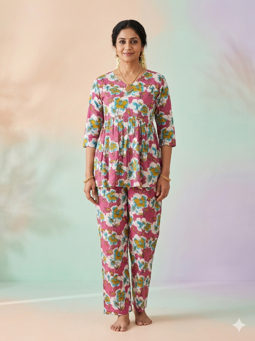 Pink bloom Peplum top with palazoo pant set
