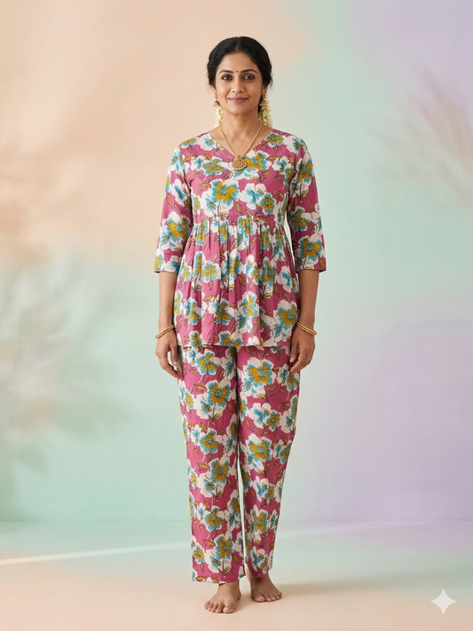 Pink bloom Peplum top with palazoo pant set