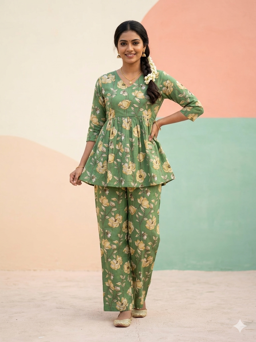 Olive Green - Floral Print Peplum Top with Palazzo Set