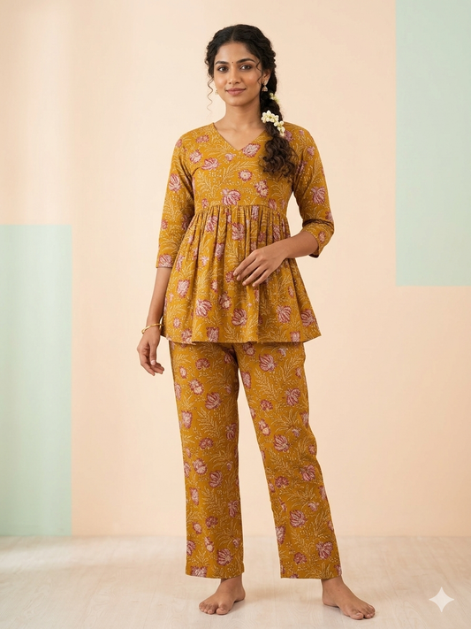 Elegant mustard vintage floral peplum top with palazoo set