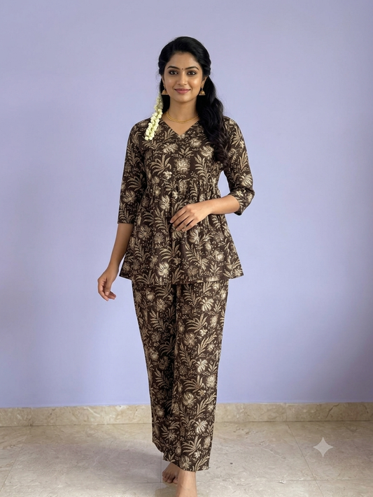 Coffee bean botanical print peplum top with palazoo set