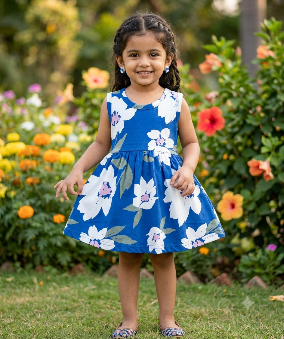 Royal Blue Large Floral Print Sleeveless Frock
