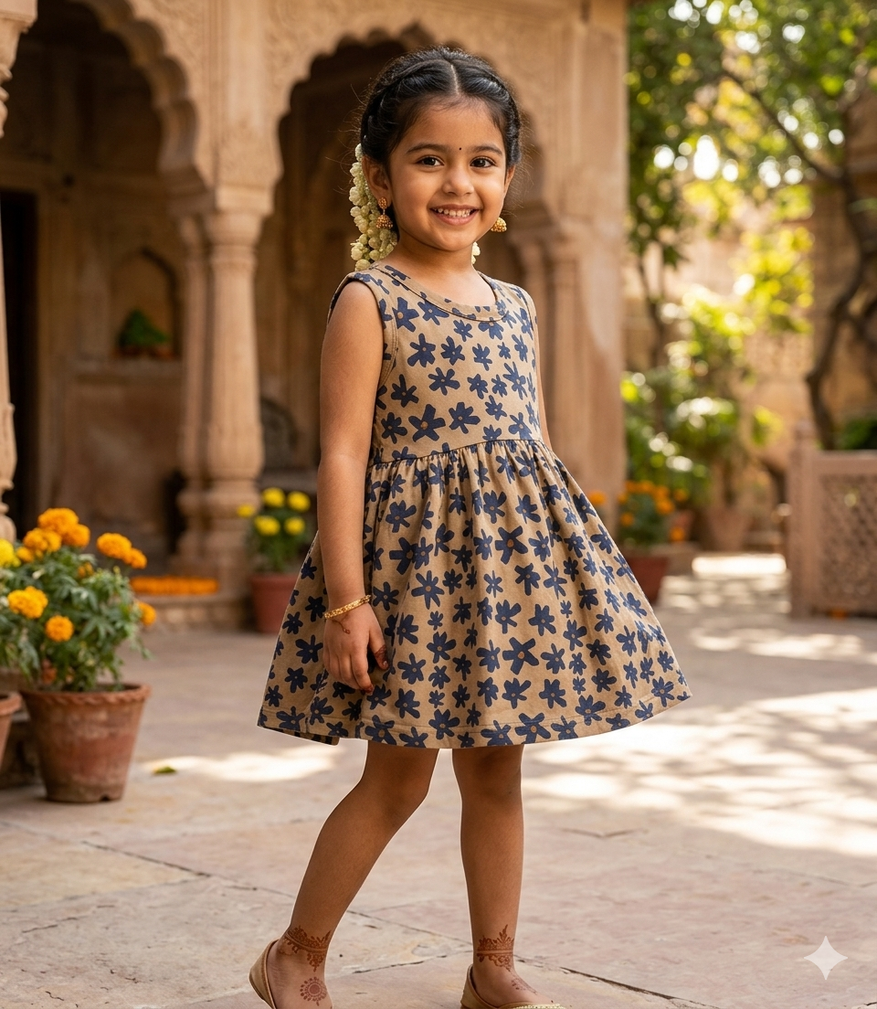 Beige Blue Floral Print Sleeveless Frock