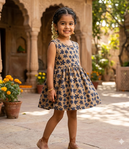 Beige Blue Floral Print Sleeveless Frock