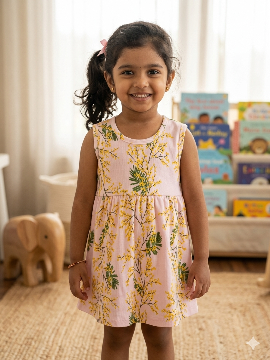 Light Pink Sleeveless Frocks with Green Leaf Design