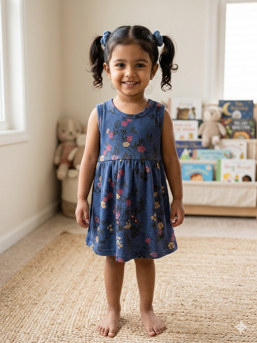 Dark Blue Sleeveless Frocks with Colorfull flowers Design