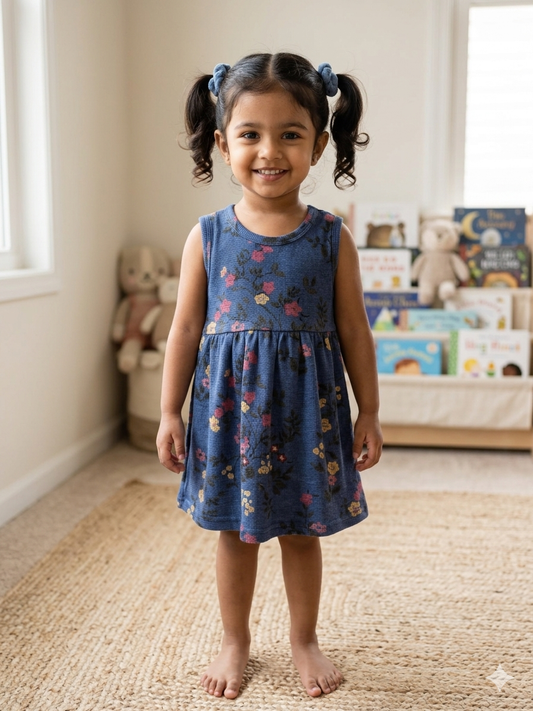 Dark Blue Sleeveless Frocks with Colorfull flowers Design
