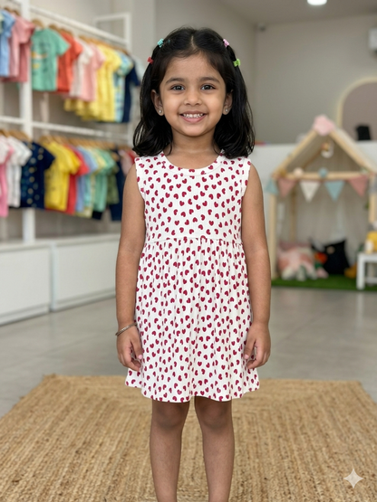 White Sleeveless Frocks with Red Heart Design