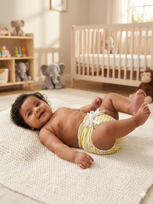 White with Yellow Lines Printed Kids Padded Langot