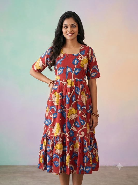 Kalamkari printed cotton frocks maroon with yellow lotus print