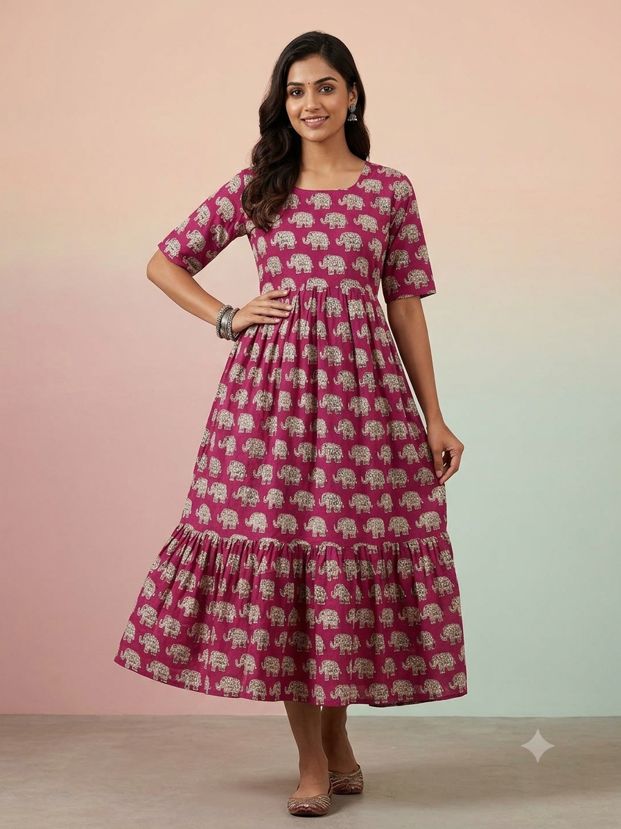 Kalamkari printed cotton frocks rich magenta elephant print