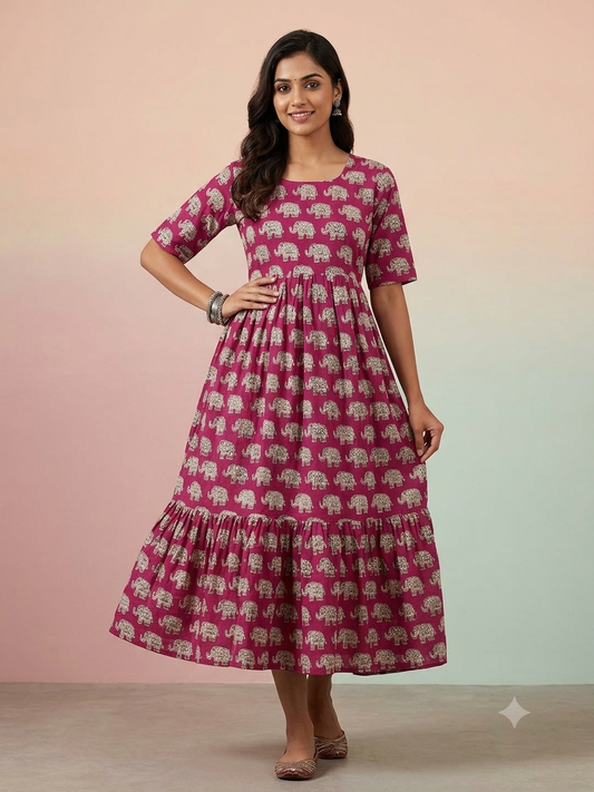 Kalamkari printed cotton frocks rich magenta elephant print