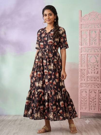 Kalamkari printed cotton frocks khaki elegant floral print