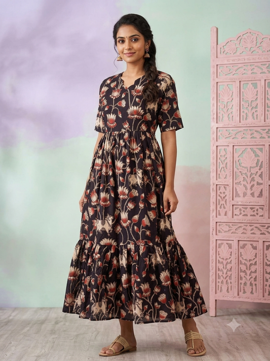 Kalamkari printed cotton frocks khaki elegant floral print