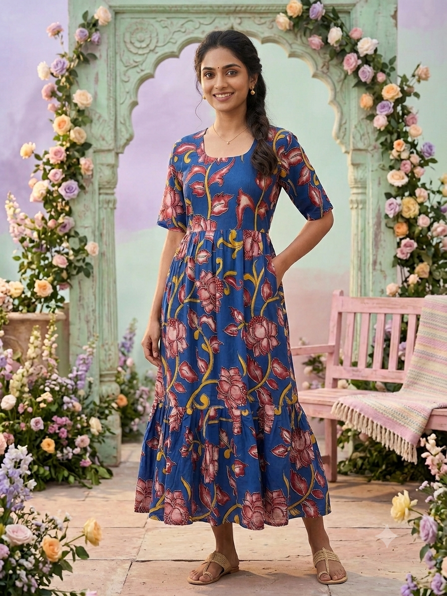 Kalamkari printed cotton frocks vibrant blue with red floral print