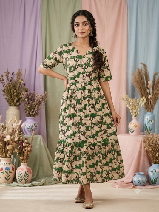 Kalamkari printed cotton frocks beige and green abstract print
