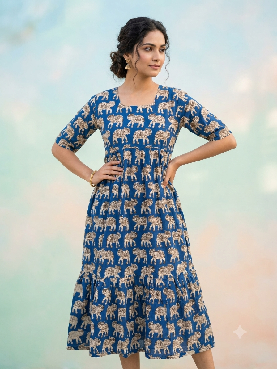 Kalamkari printed cotton frocks Royal Blue elephant print