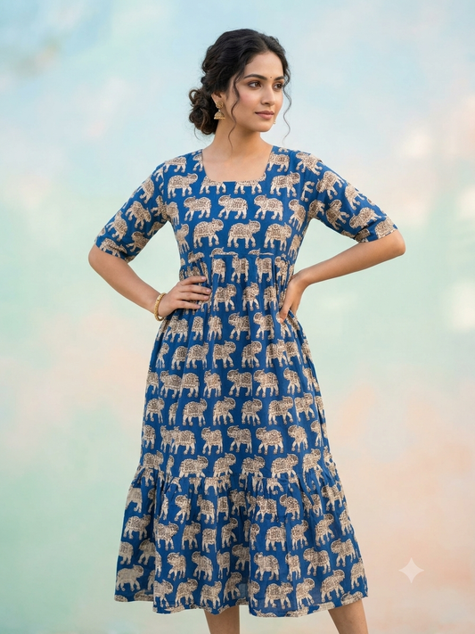 Kalamkari printed cotton frocks Royal Blue elephant print