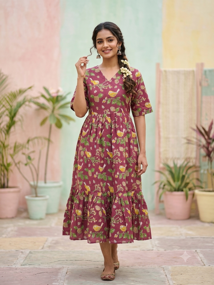 Kalamkari printed cotton frocks wine botanical print
