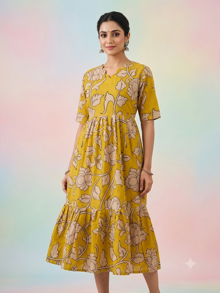 Kalamkari printed cotton frocks elegant mustard floral print
