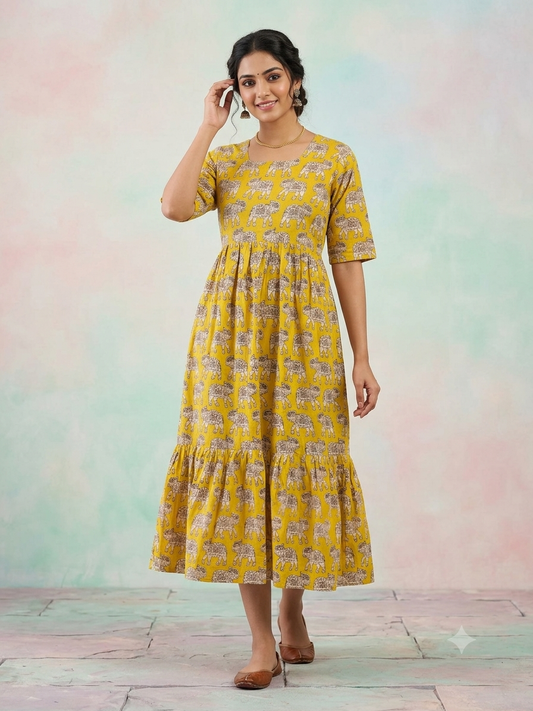 Kalamkari printed cotton frocks yellow elephant print