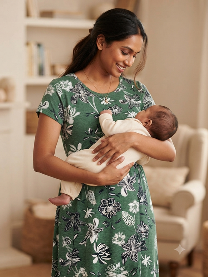 Olive Green Floral Print Maternity Feeding Maxi