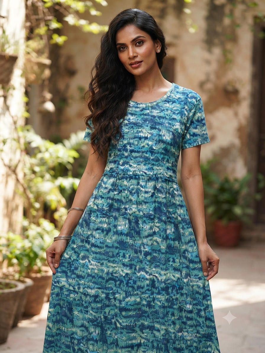 Teal Blue Abstract Print Maternity Feeding Maxi