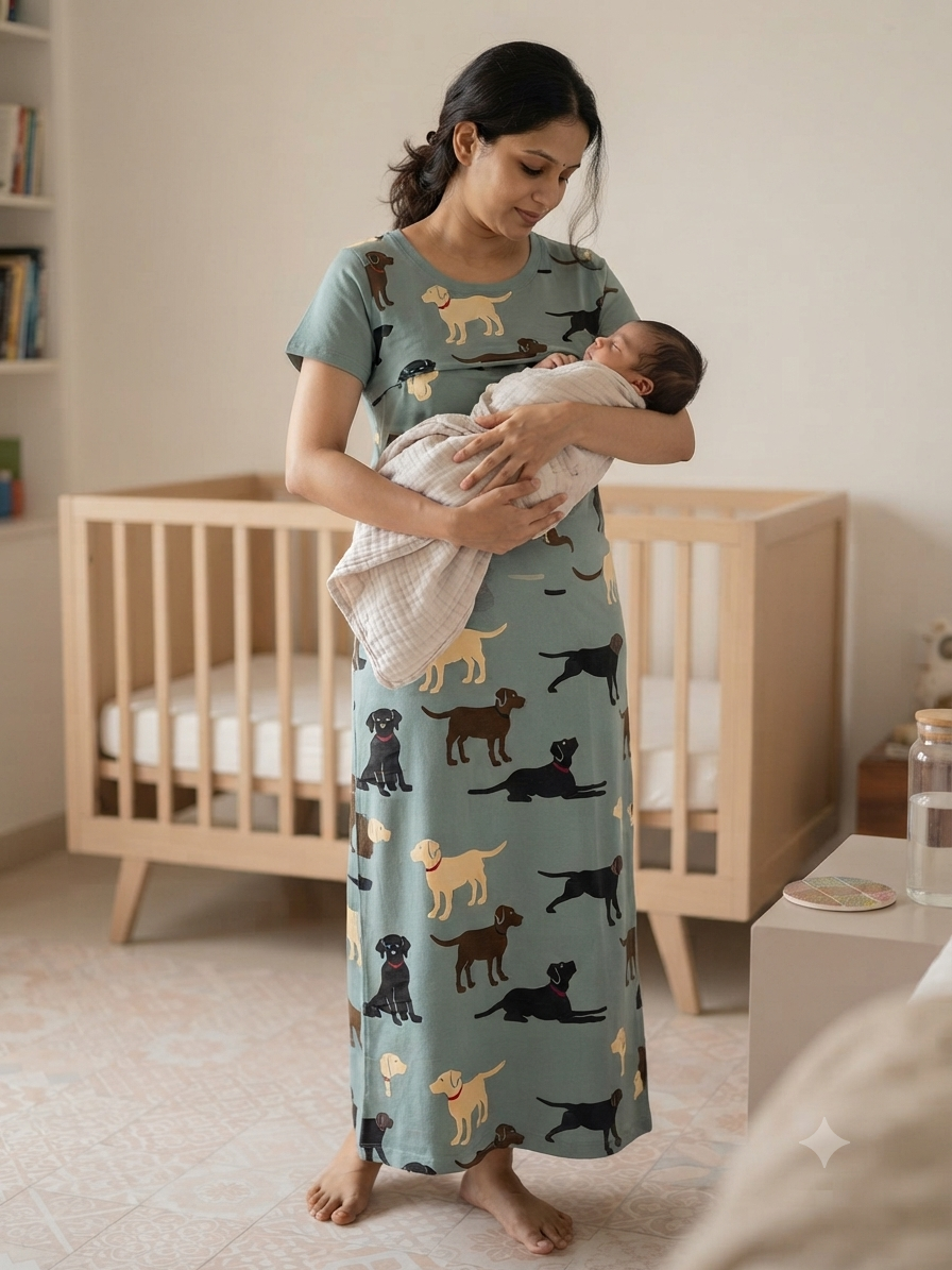 Sage Green Dog Print Maternity Feeding Maxi