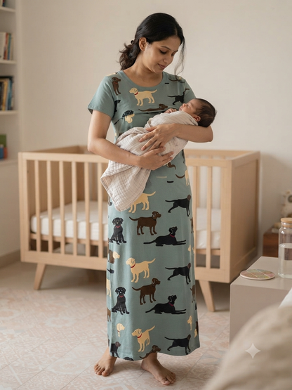 Sage Green Dog Print Maternity Feeding Maxi
