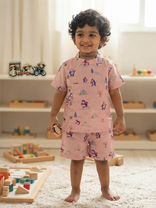 Baby Pink Cute Penguin Winter Print Kids Casual Wear