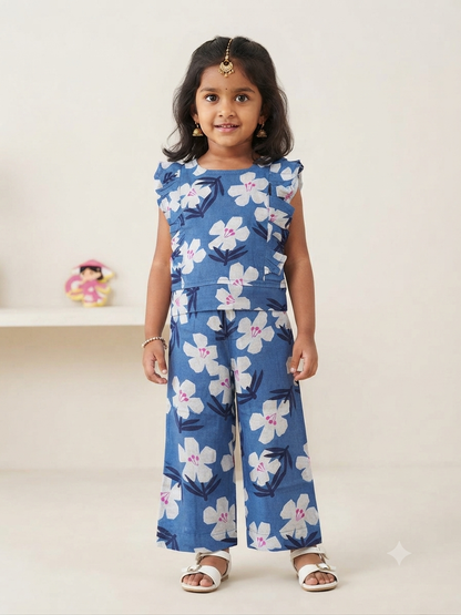 Denim Blue White Tropical Floral Print Kids Outdoor Wear