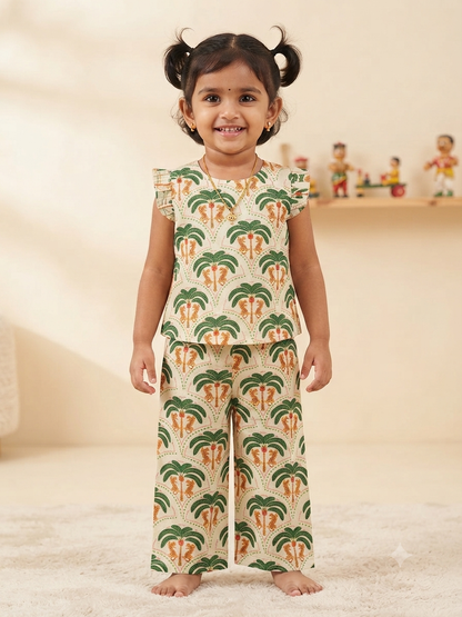 Cream Tropical Palm Tree Print Kids Outdoor Wear