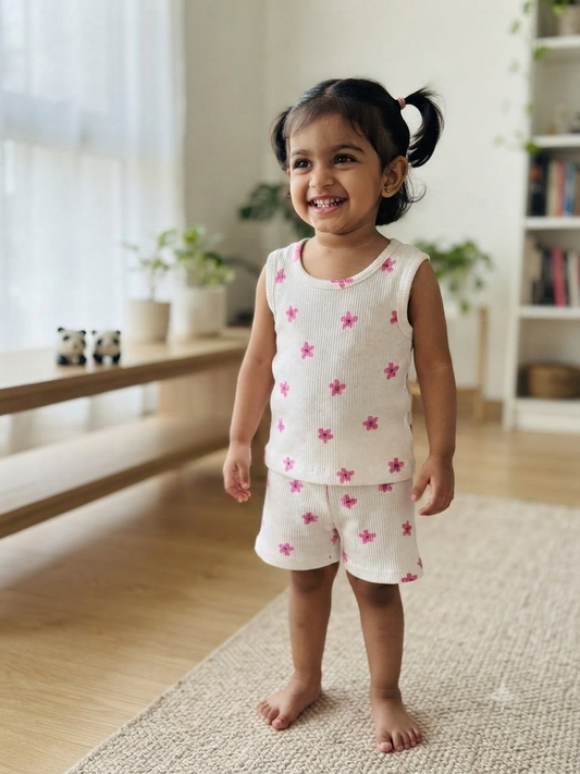 White Pink Floral Print Kids Sleeveless Co-ord Set