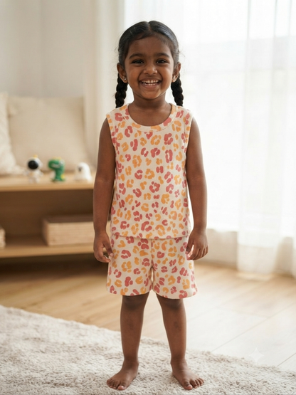 Cream Leopard Print Kids Sleeveless Co-ord Set