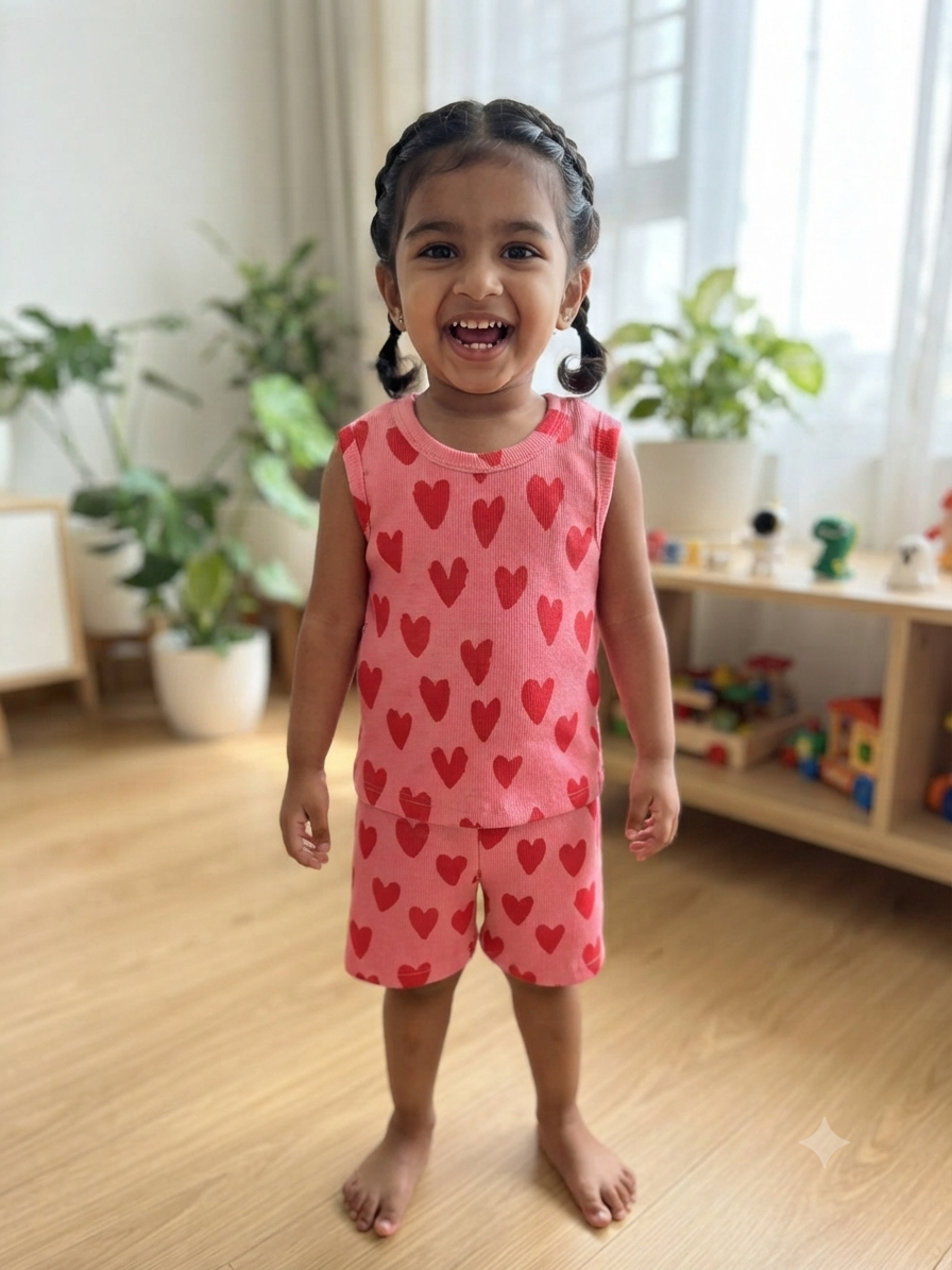 Pink Hearts Kids Sleeveless Co-ord Set