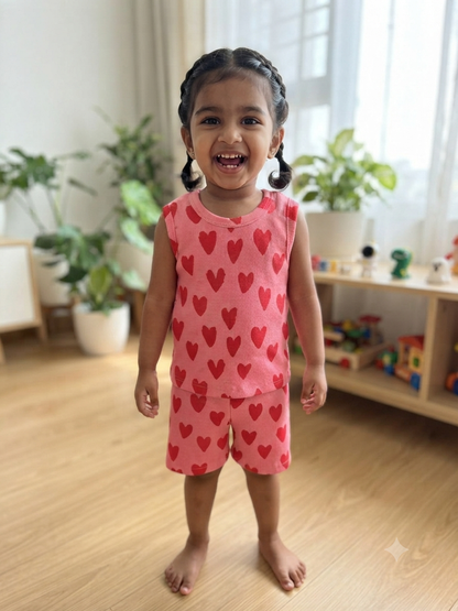 Pink Hearts Kids Sleeveless Co-ord Set