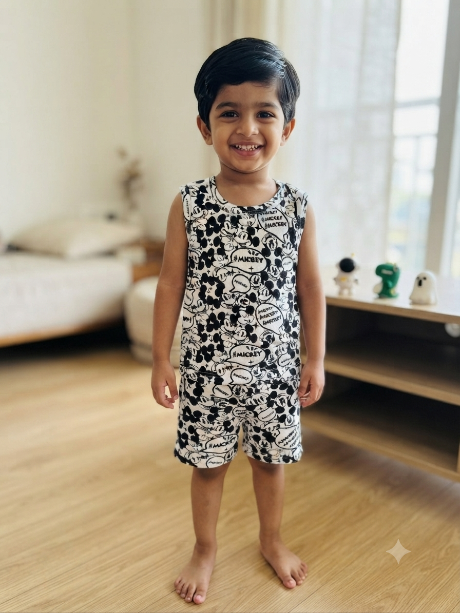 Black & White Mickey Print Kids Sleeveless Co-ord Set