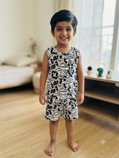 Black & White Mickey Print Kids Sleeveless Co-ord Set