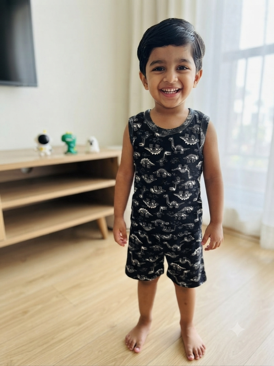 Black Dinosaur Print Kids Sleeveless Co-ord Set