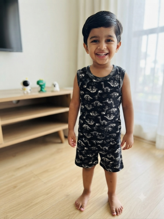 Black Dinosaur Print Kids Sleeveless Co-ord Set
