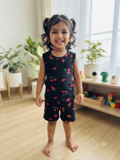 Black Cherry & Strawberry Print Kids Casual Wear