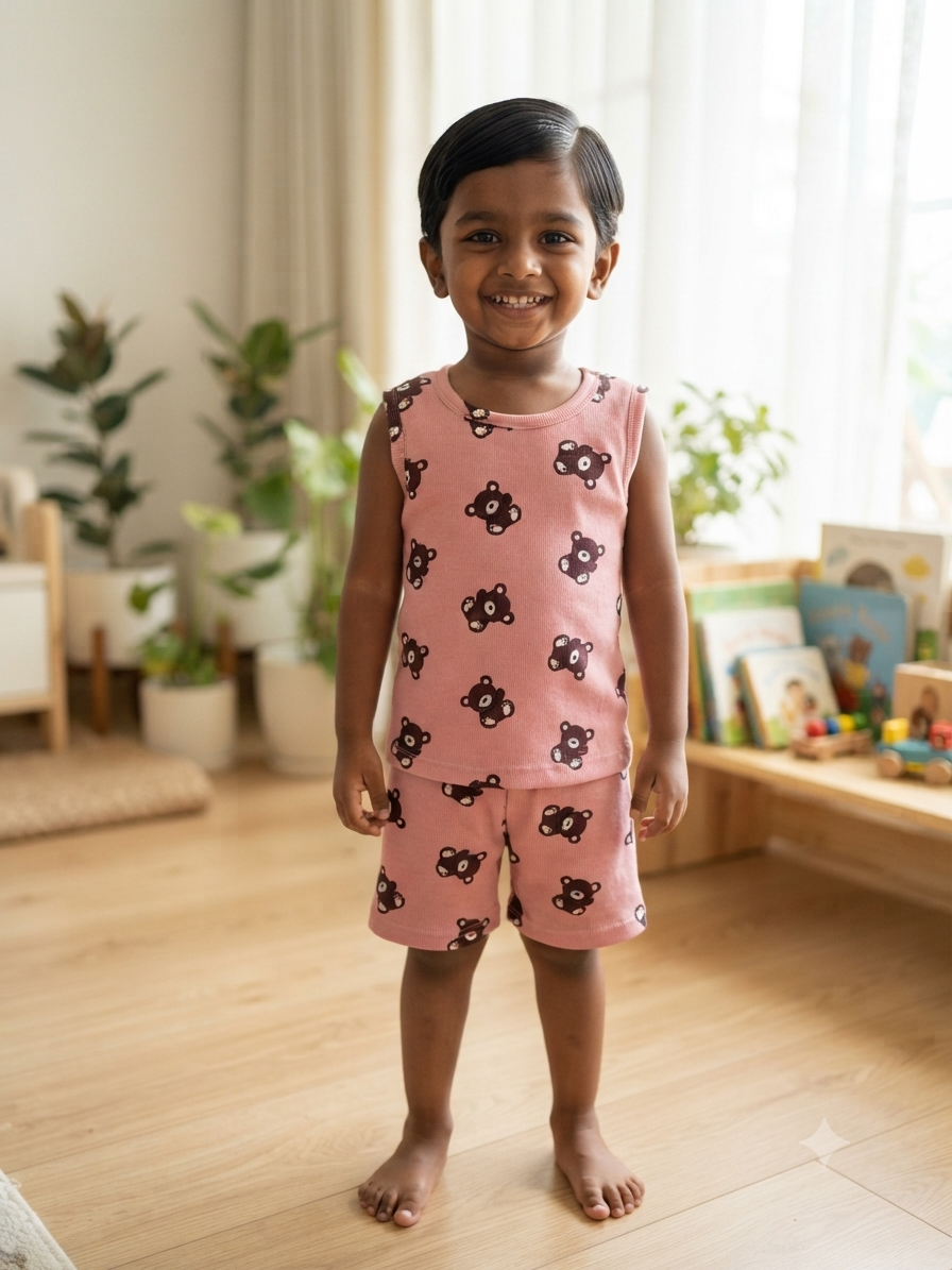 Baby Pink Teddy Bear All-Over Print Kids Sleeveless Co-ord Set
