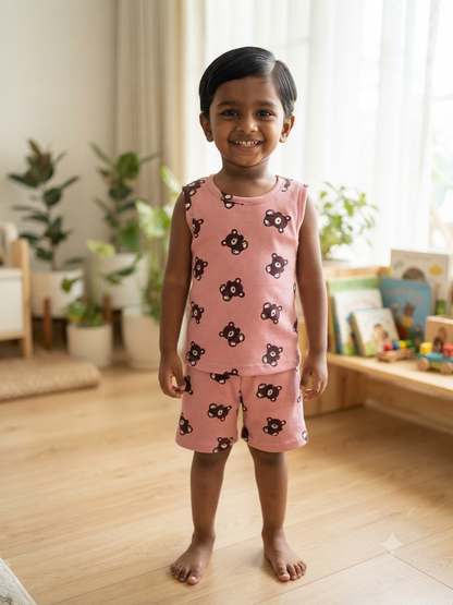 Baby Pink Teddy Bear All-Over Print Kids Sleeveless Co-ord Set