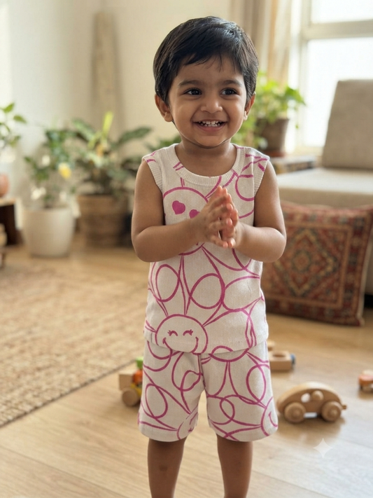 White Flower Printed Kids Sleeveless Coords