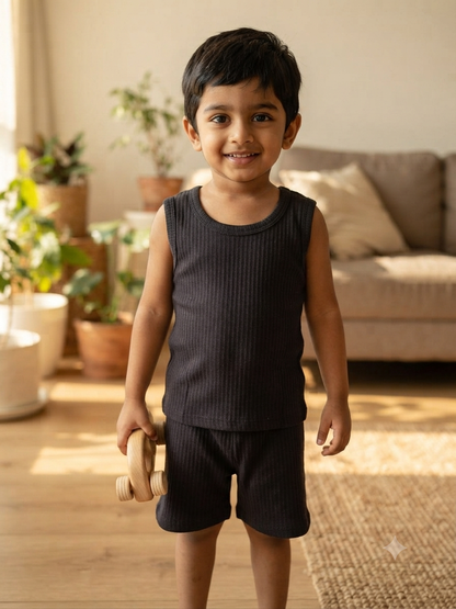 Black Stripes Printed Kids Sleeveless Coords