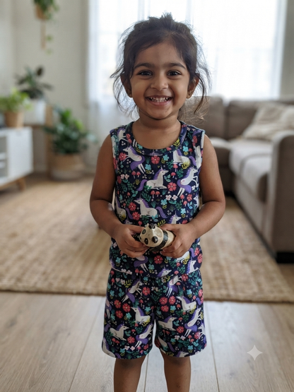 Dark Blue Flowers & Unicorn Printed Kids Sleeveless Coords
