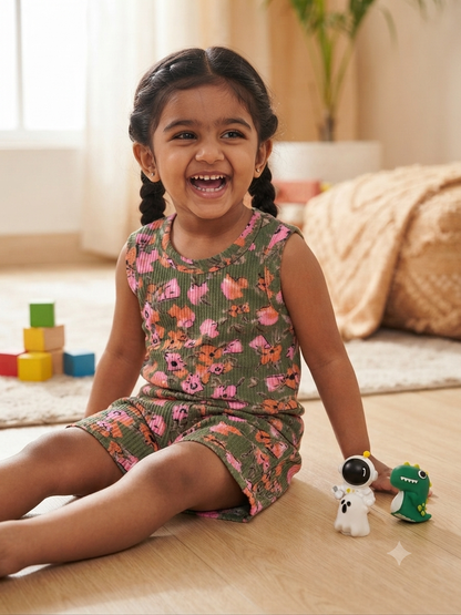 Green Floral Printed Sleeveless Kids Co-ords