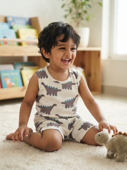 Cream with Brown Dinosaur Printed Sleeveless Kids Co-ords