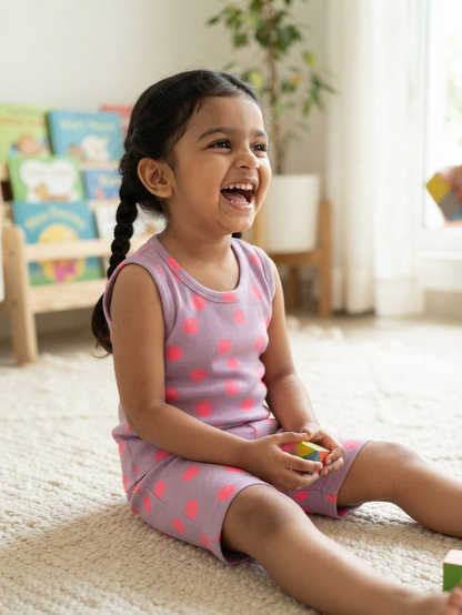 Lavnder with Pink Polko Dots Printed Sleeveless Kids Co-ords